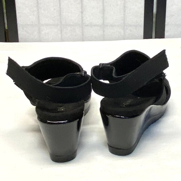 Anne Klein Faux Suede Patent Low Wedge Open Toe Sling Back Romeo Sandals Black - Picture 6 of 13